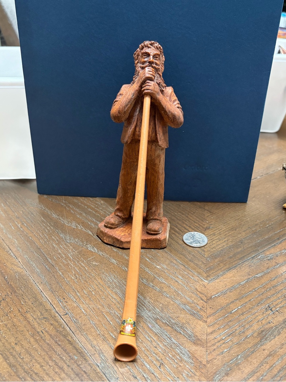 Vintage Swiss Alpine Man Figurine with Souvenir Alpenhorn Switzerland